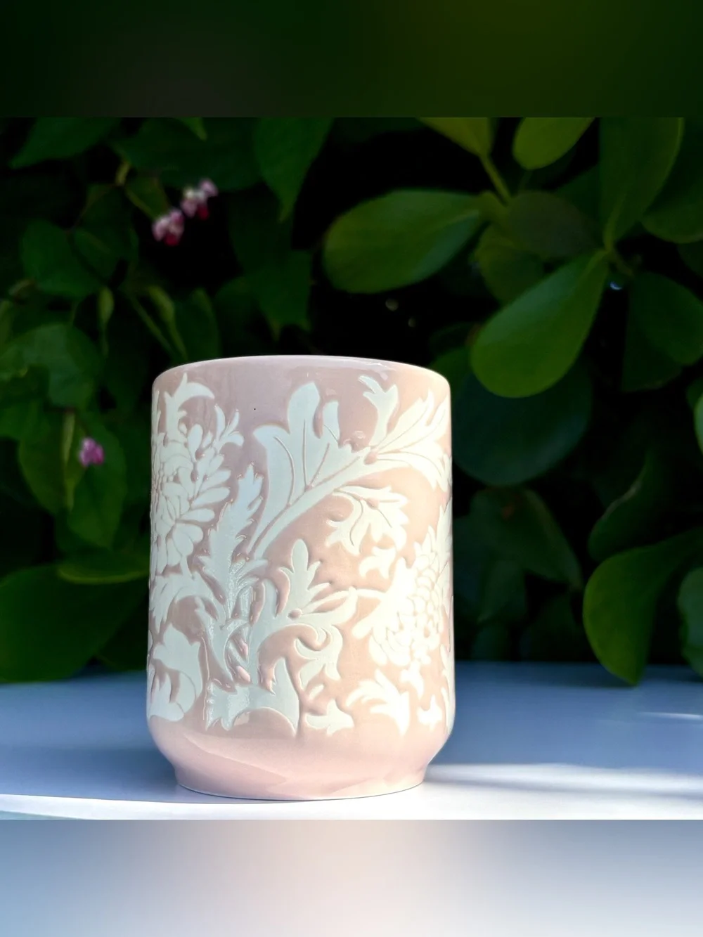 Morris & Co Pink Chrysanthemum Ceramic Bath Set Waste Bin Soap Dispenser Tumbler